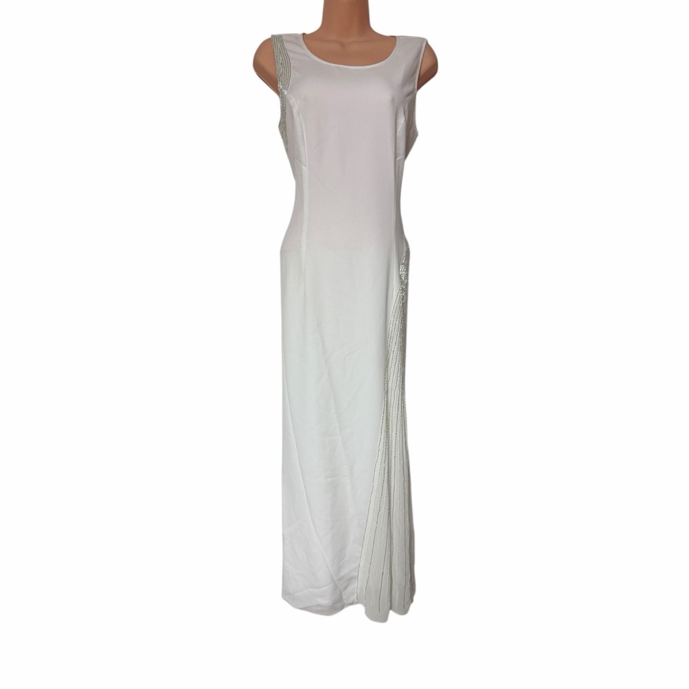 ASHRO Beaded Formal Evening Gown Cocktail Party Wedding Maxi White Prom Dress
